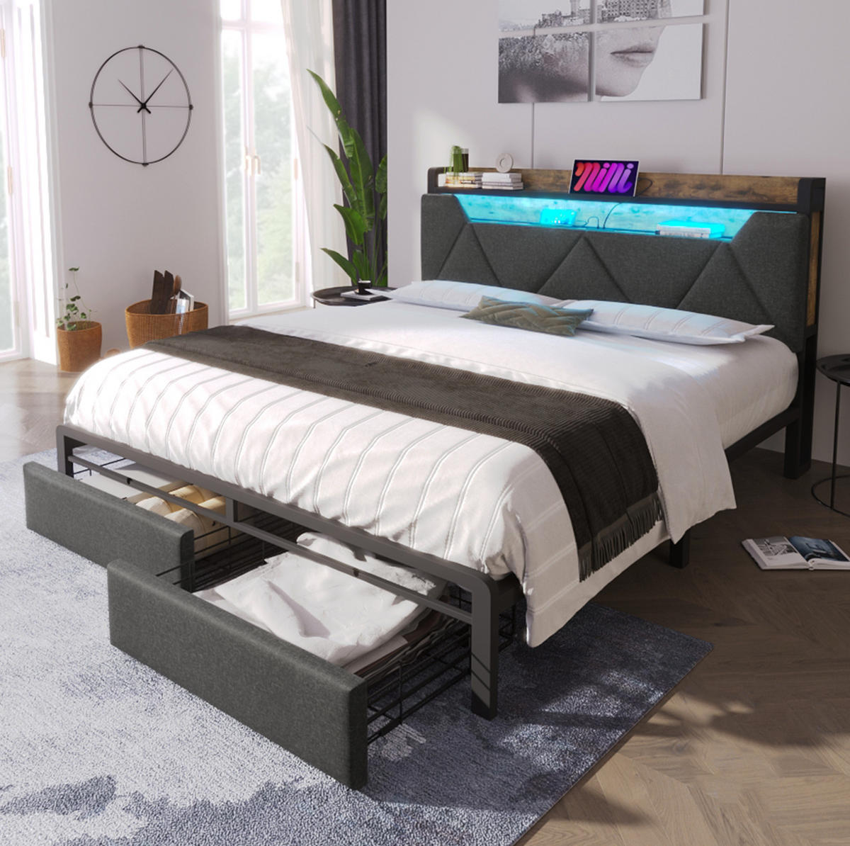 POLSTERBETT aus Leinen 160x200 cm in Grau mit LED-Beleuchtung & Matratze - Grau, Textil (160/200cm) - Modfu