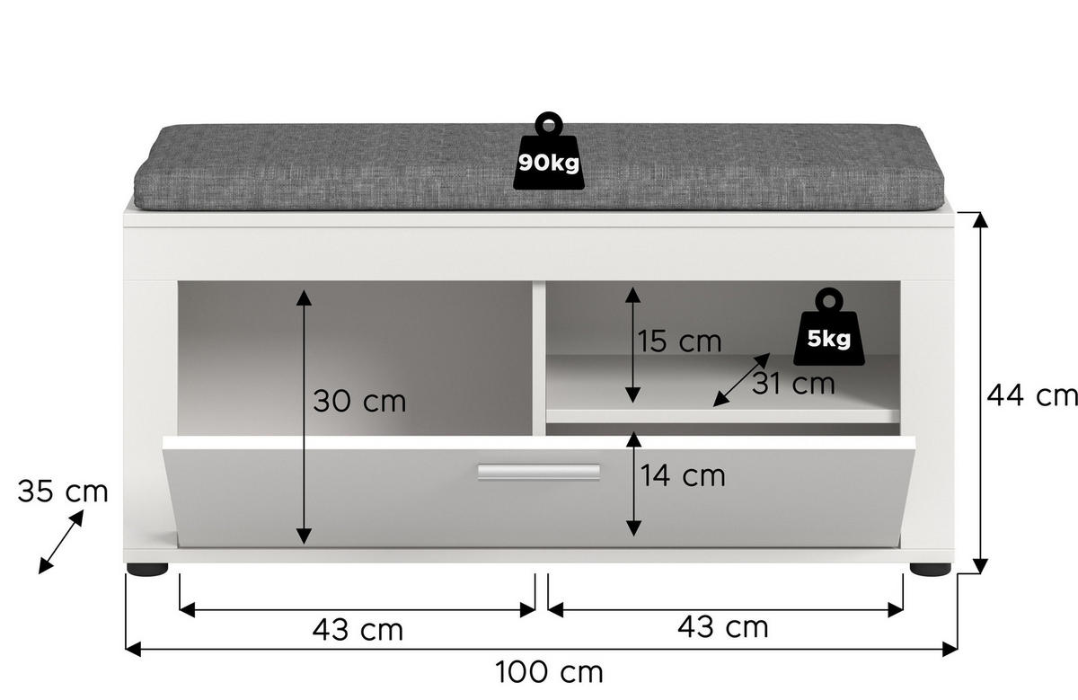 SITZBANK inkl. Sitzkissen Milo (B/H/T: ca. 100/44/35 cm) in weiß/weiß - Weiß, Holzwerkstoff (100/44/35cm)