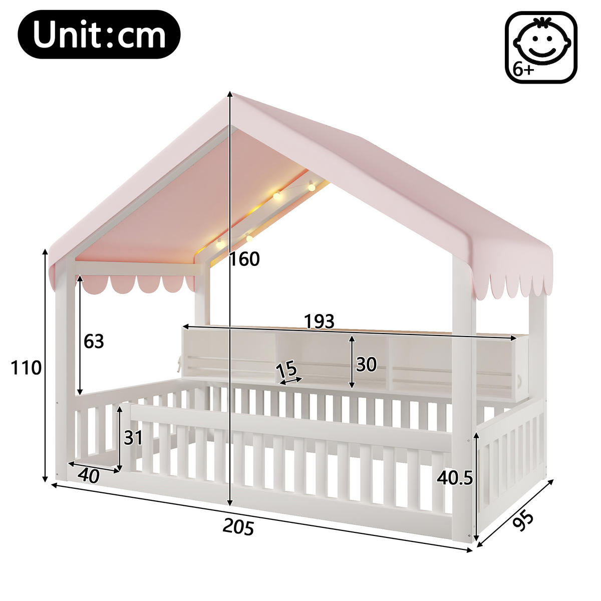 HAUSBETT 90x200 cm mit Baldachin, LED-Lichterkette und Bücherregal, Weiß - Weiß, Holz (90/200cm) - KOMHTOM
