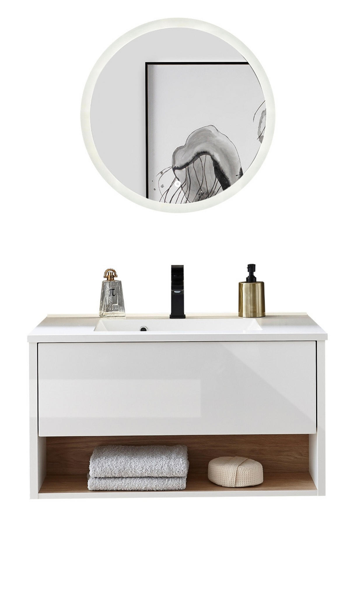 BADMÖBEL-SET weiß Hochglanz, Eiche 80 cm 2-teilig mit Waschbecken und LED Beleuchtung - Weiß Hochglanz/Eichefarben, Glas/Holzwerkstoff (80/190/47cm) - Furn.Design