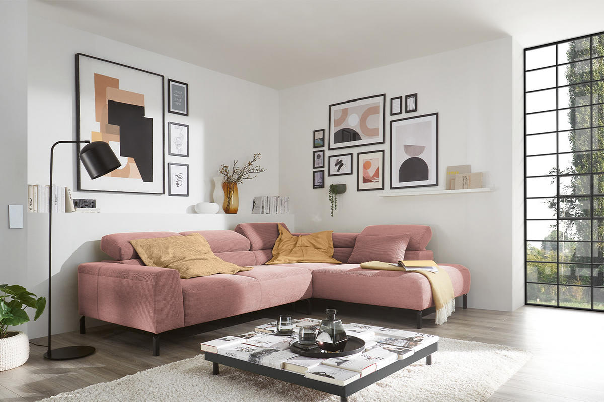 ECKSOFA MIT MOTORISCHEM SITZVORZUG DELIA Pink Cord - Pink/Schwarz, Textil/Metall (276/219cm) - KAWOLA