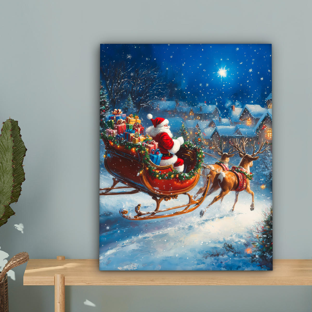 LEINWANDBILD Weihnachtsmann - Rentier - Weihnachten - Schnee Room Decor 30x40 cm - Cognac, Textil (30/40cm) - MuchoWow