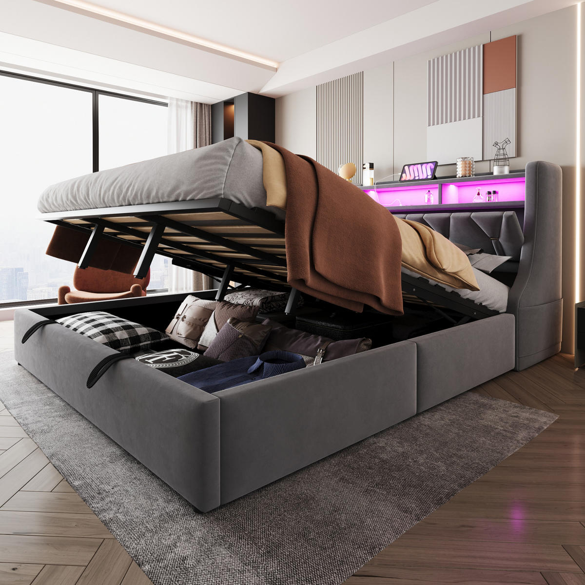 POLSTERBETT mit Stauraum 180x200 cm Samt Grau mit LED - Grau, Metall (180/200cm) - Meubliv