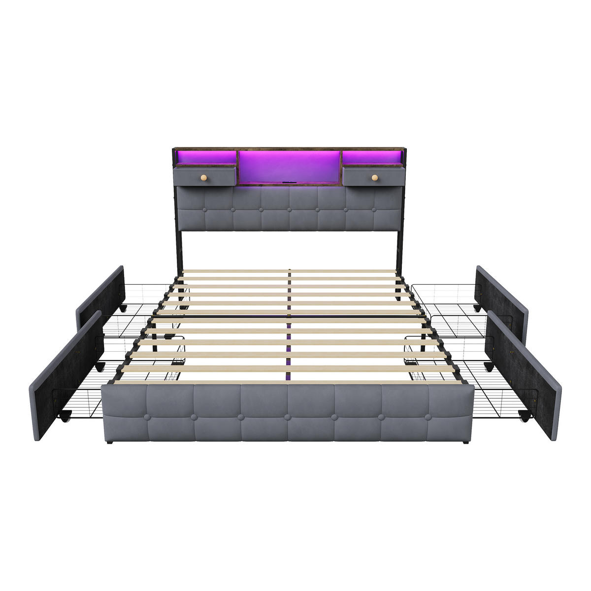 POLSTERBETT 140x200 cm mit LED, USB & 4 Schubladen, Grau - Grau, Metall (140/200cm) - EuroLiving