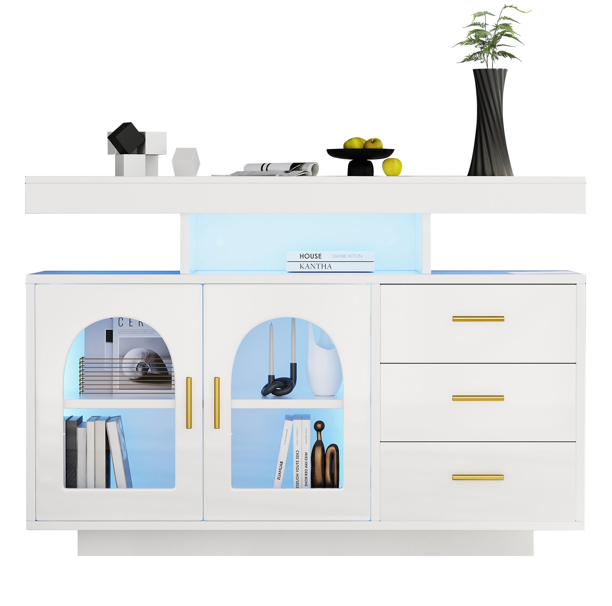 SIDEBOARD 120/40/80 cm mit 2 Türen, 3 Schubladen & LED in Weiß Hochglanz - Weiß, Holzwerkstoff (120/80/40cm) - BEAOK