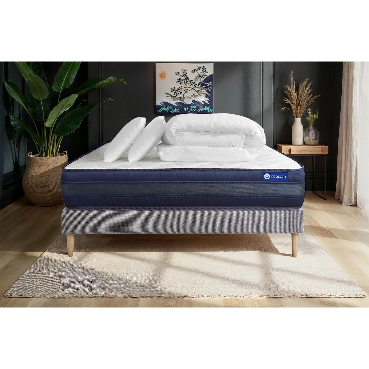 BETT Actilatex tech Latex und Memory-Schaum 200 x 200 cm h4 - Kit Bettgestell Grau - Mit Kissen und Bettdecke - Beige/Grau, Karton/Holz (200/200cm) - ACTISOM