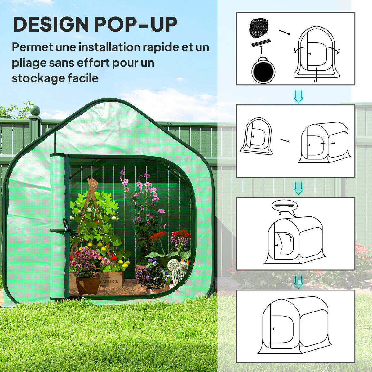 GEWÄCHSHAUS DE-12016 Pop-up-Design mit Reißverschlusstür Grün - Grün, Kunststoff (148/148/150cm) - ComfortXL