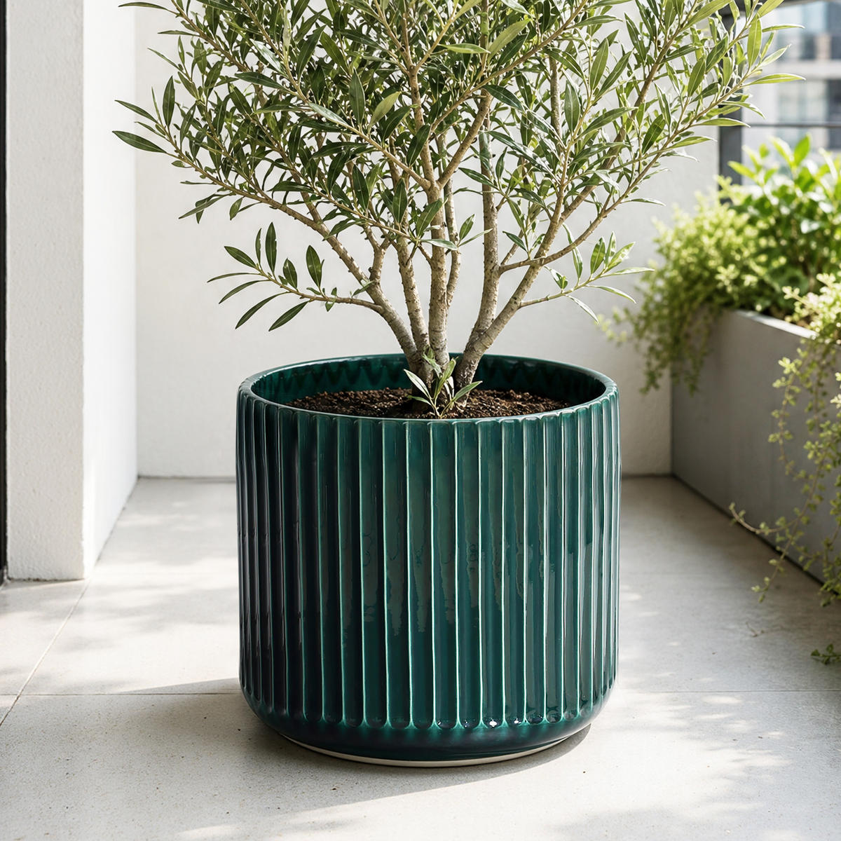 BLUMENTOPF Keramik Dunkelgrün Grün und Weiß Ø35.5xH33 cm - Grün, Keramik (33.5cm)
