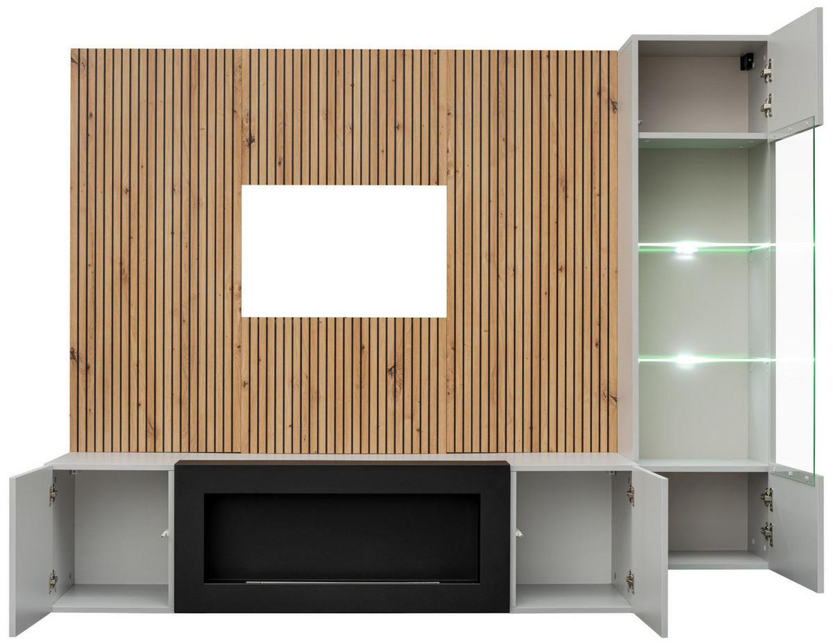 WOHNWAND hellgrau, schwarz, Eiche Artisan 200 cm, Schrankwand inklusive Ethanol Kamin und Beleuchtung - Hellgrau/Schwarz, Glas/Holzwerkstoff (200/148/35cm) - Inn.Furn