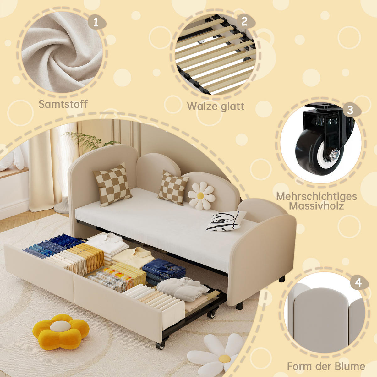 KINDERBETT 90/200 cm in Beige Samt mit Schublade - Beige, Holzwerkstoff/Textil (90/200cm) - WISHDOR