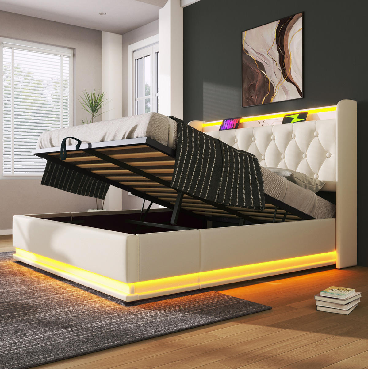POLSTERBETT 160/200 cm Weiß mit 360-Grad-LED und USB-Typ-C-Ladefunktion - Weiß, Kunststoff (160/200cm) - OKWISH