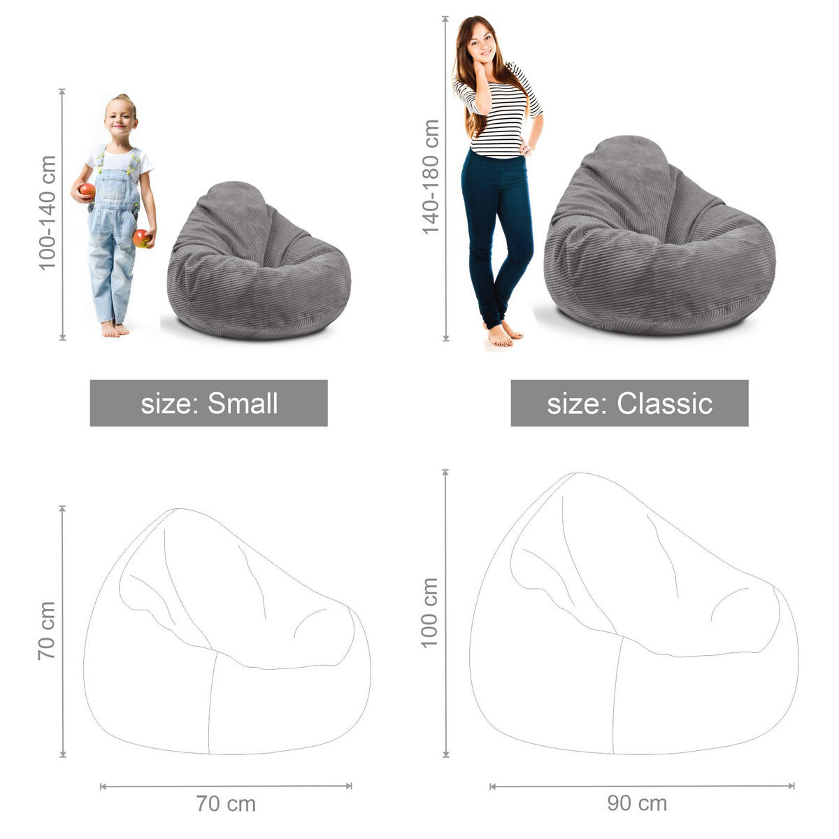 SITZSACK PARADISE MIT FUßSTÜTZE Kordsamt 2-tlg Frost Gray S - Grau, Textil (70/70/70cm) - Dreamroots