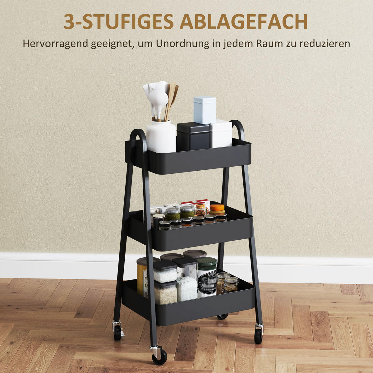 SERVIERWAGEN mit 3 Ebenen Küchenwagen mit Rollen Griff Rollwagen, Schwarz - Schwarz, Metall (42.4/74.5/29.8cm) - HOMCOM