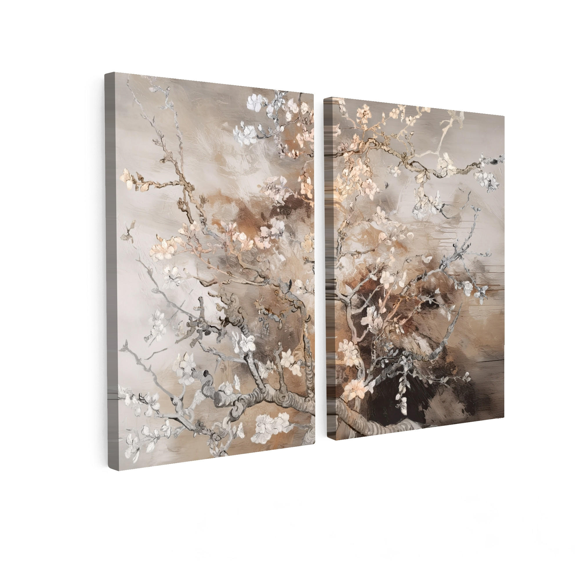 MuchoWow OBRAZ NA PLÁTNĚ 2dílná sada Mandlový květ - abstraktní - béžový 80x60 cm