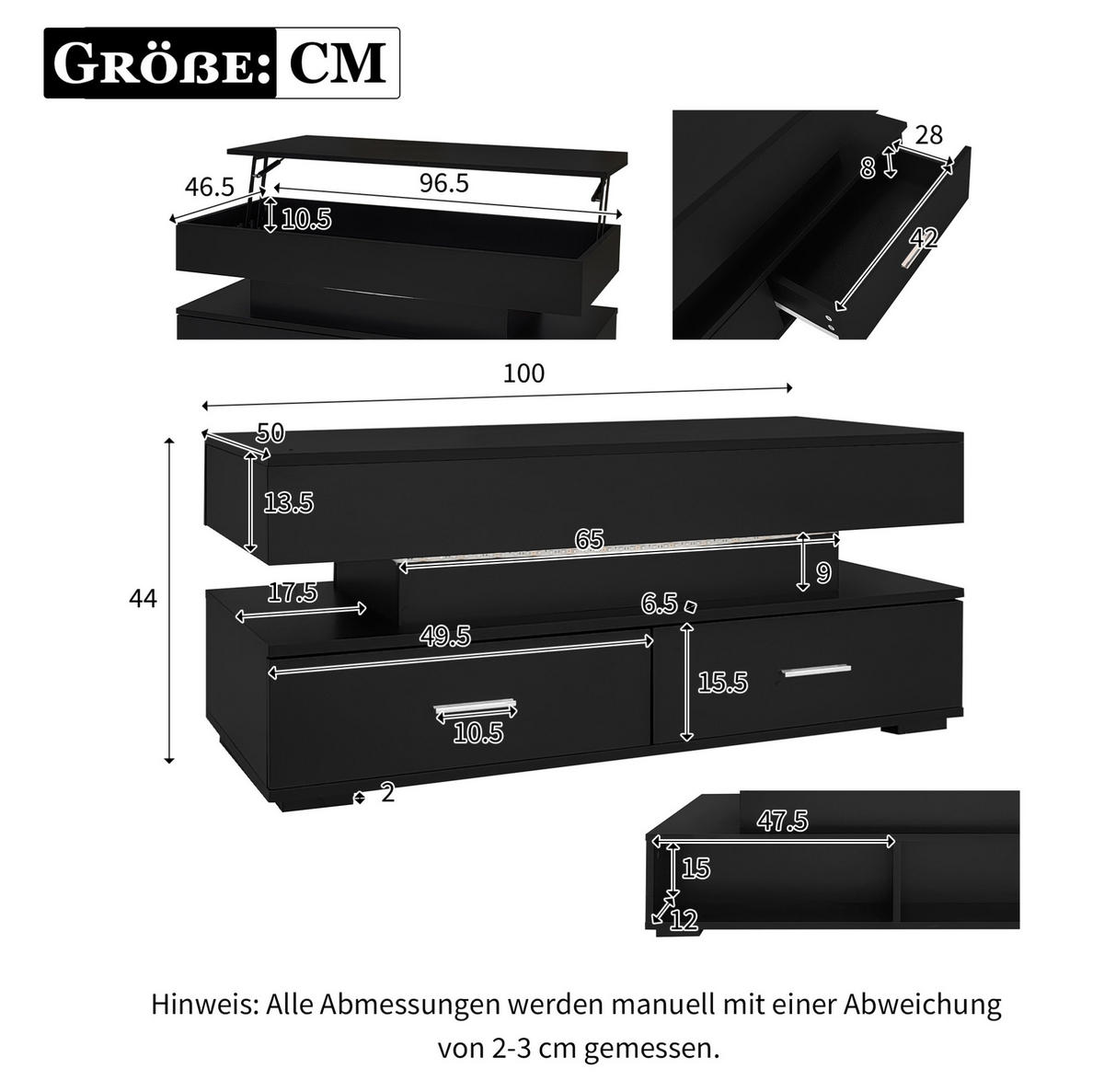 COUCHTISCH, hydraulisch höhenverstellbar, LED mit Bluetooth-App, Stauraum, 100/50/44 cm, schwarz - Schwarz, Holzwerkstoff (100/50/44cm) - Redom