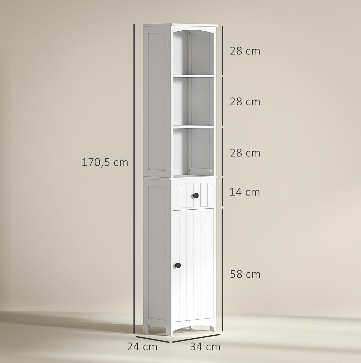 HOCHSCHRANK 34/24/170,5 cm aus MDF-Holz mit Schublade und 3 Regalfächern Weiß - Schwarz/Weiß, Holzwerkstoff (34/170.5/24cm) - Modenvie