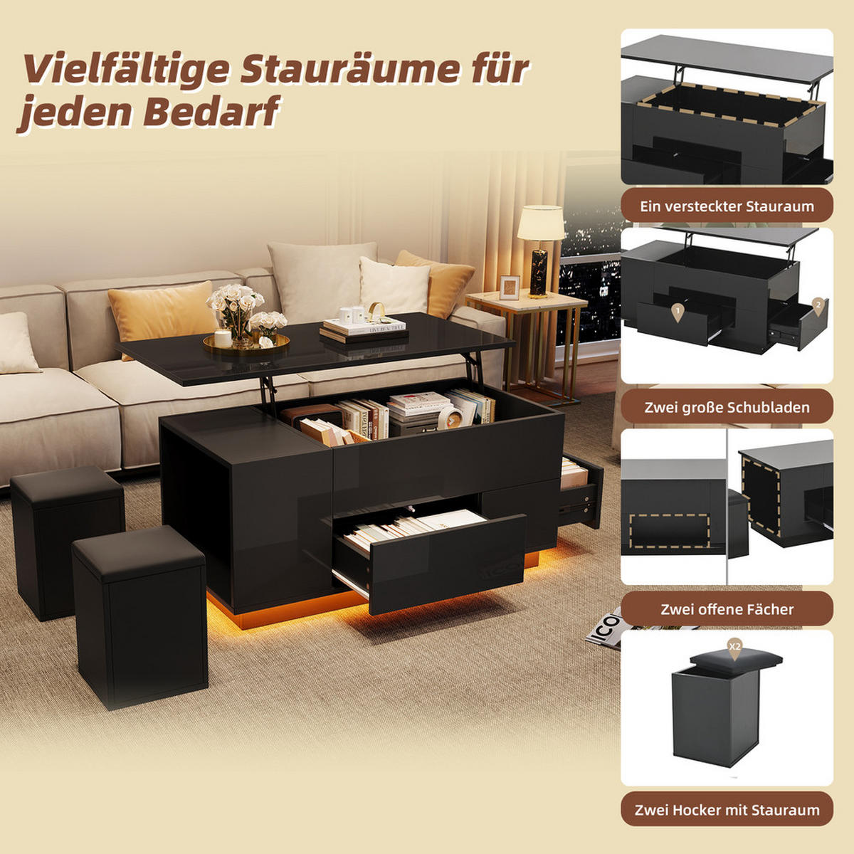 COUCHTISCH 100x50cm Schwarz Höhenverstellbar LED 4in1 2 Schubladen 50kg - Schwarz, Holz (62.76/50.8/20.32cm) - FLIEKS
