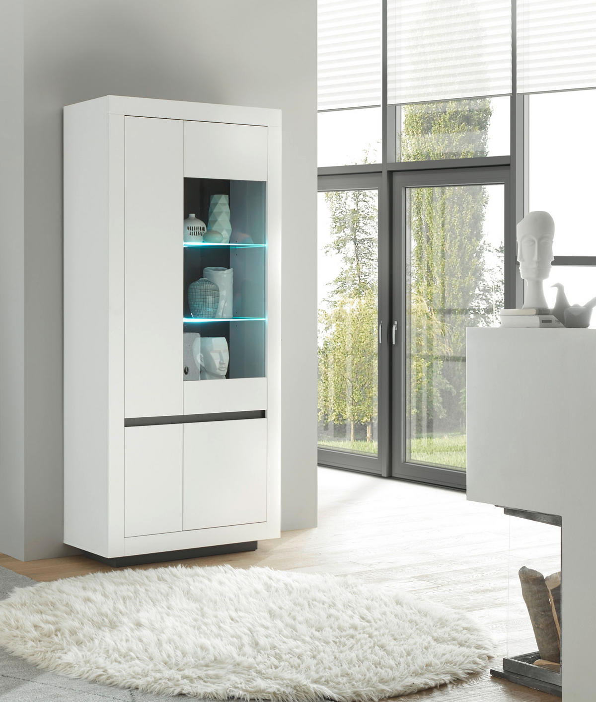 VITRINE weiß, anthrazit, Vitrinenschrank mit 10 Fächern - Weiß Hochglanz/Anthrazit, Glas/Holz (96/206/38cm) - Furn.Design