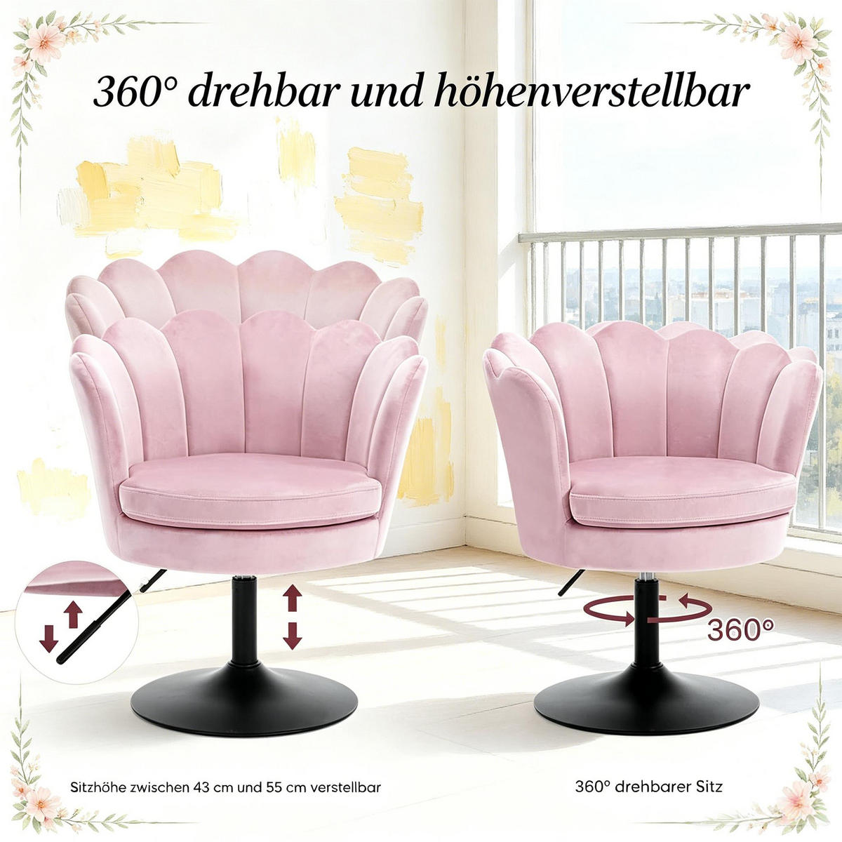BARHOCKER Blumenform mit 360°-Drehung und Höhenverstellung, DE-42163, Braun - Pink, Metall (65/83/61.5cm) - ComfortXL