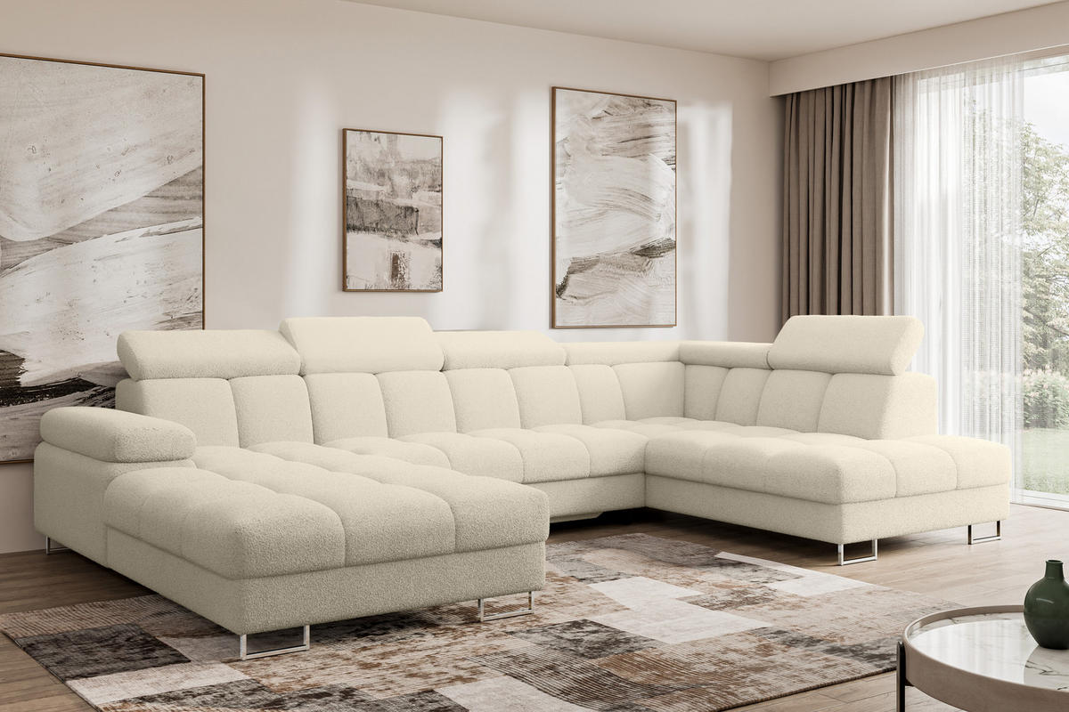 WOHNLANDSCHAFT mit Schlaffunktion und Bettkasten Ottomane RECHTS COMA U 345x203x79 Beige Bouclé - Sandfarben, Holzwerkstoff/Textil (203/79/345cm) - ALTDECOR