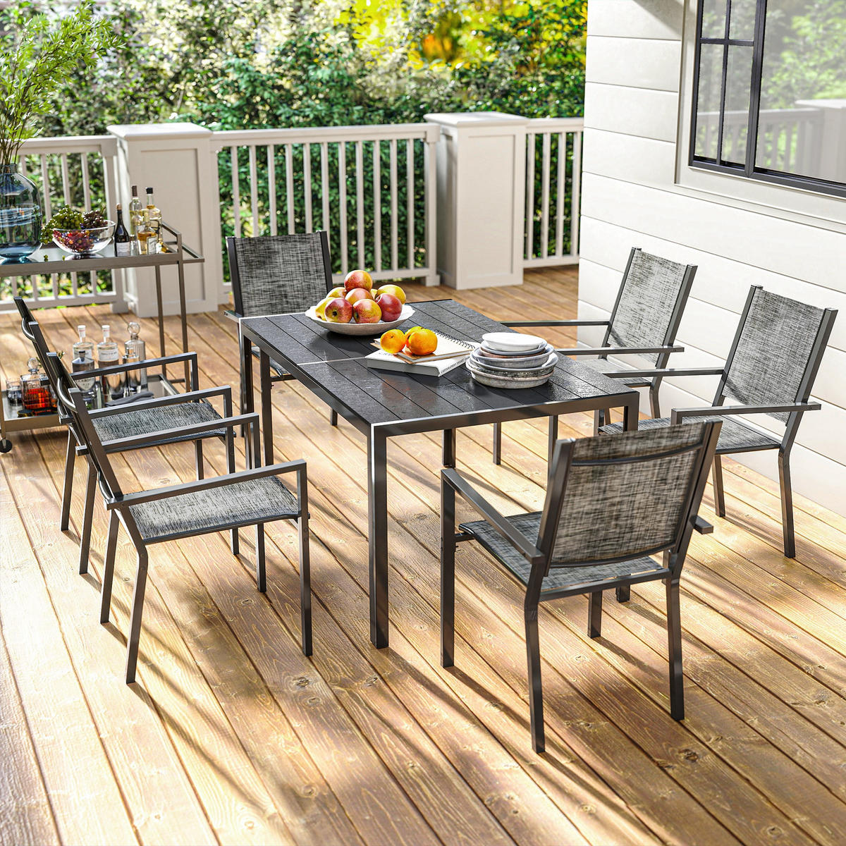 GARTENTISCHGRUPPE DE-18102 150 cm Tisch mit Lattenplatte, 6 Stühle Schwarz - Schwarz, Metall - ComfortXL
