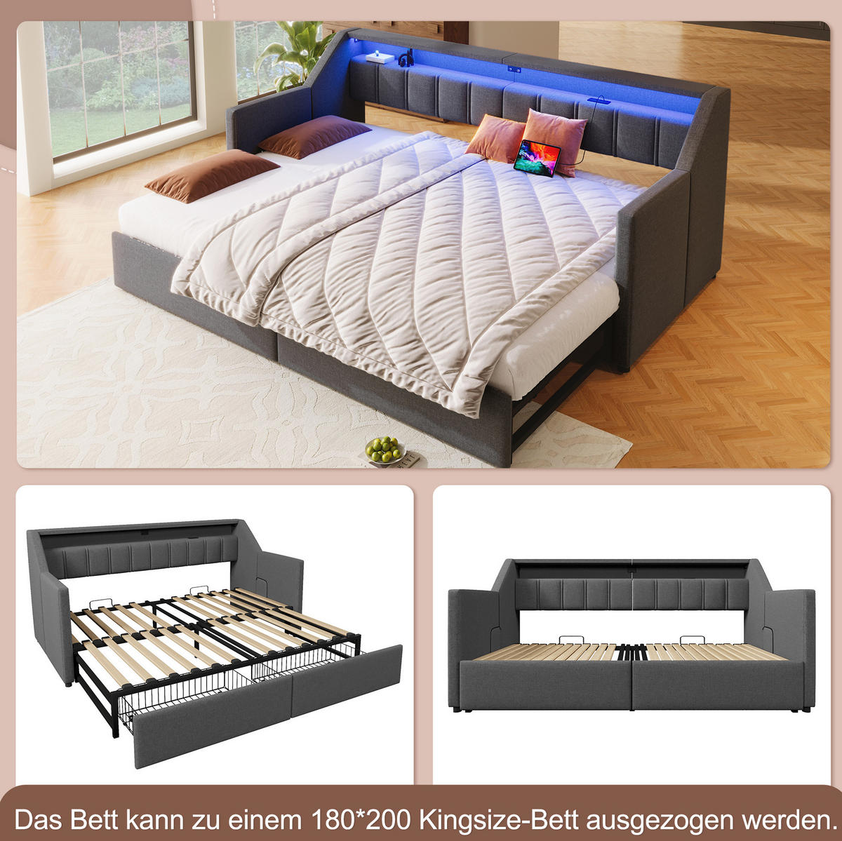 TAGESBETT 90/200 cm aus Leinen mit USB, Type-C, LED-Leiste, 2 Schubladen und Ausziehfunktion, Grau - Grau, Textil (90/200cm) - Redom