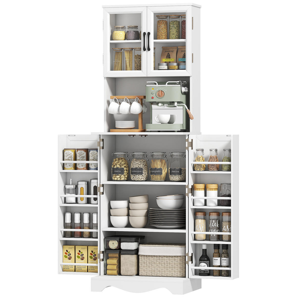 MEHRZWECKSCHRANK DE-11293 4 Türen & 8 Gewürzregale mit Arbeitsplatte Weiß - Weiß, Holzwerkstoff (39.5/179.6/60cm) - ComfortXL