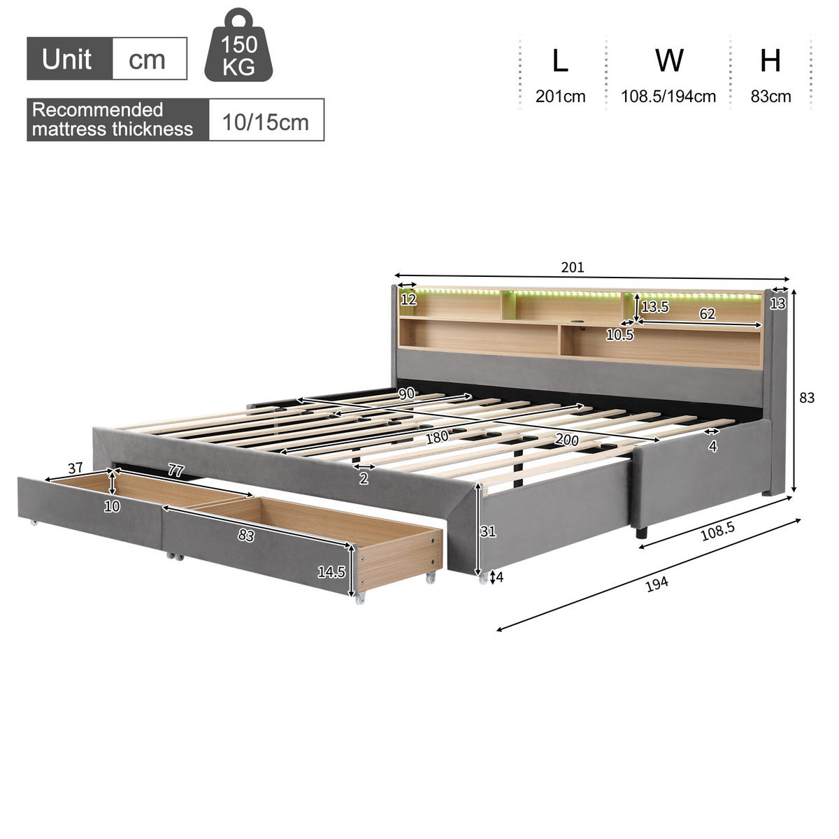 POLSTERBETT 90/200 cm & 180/200 cm in Grau mit Schubladen, offenen Fächern, USB, Type-C und LED Samt Design - Grau, Holzwerkstoff/Textil (90/200cm) - STILVORA
