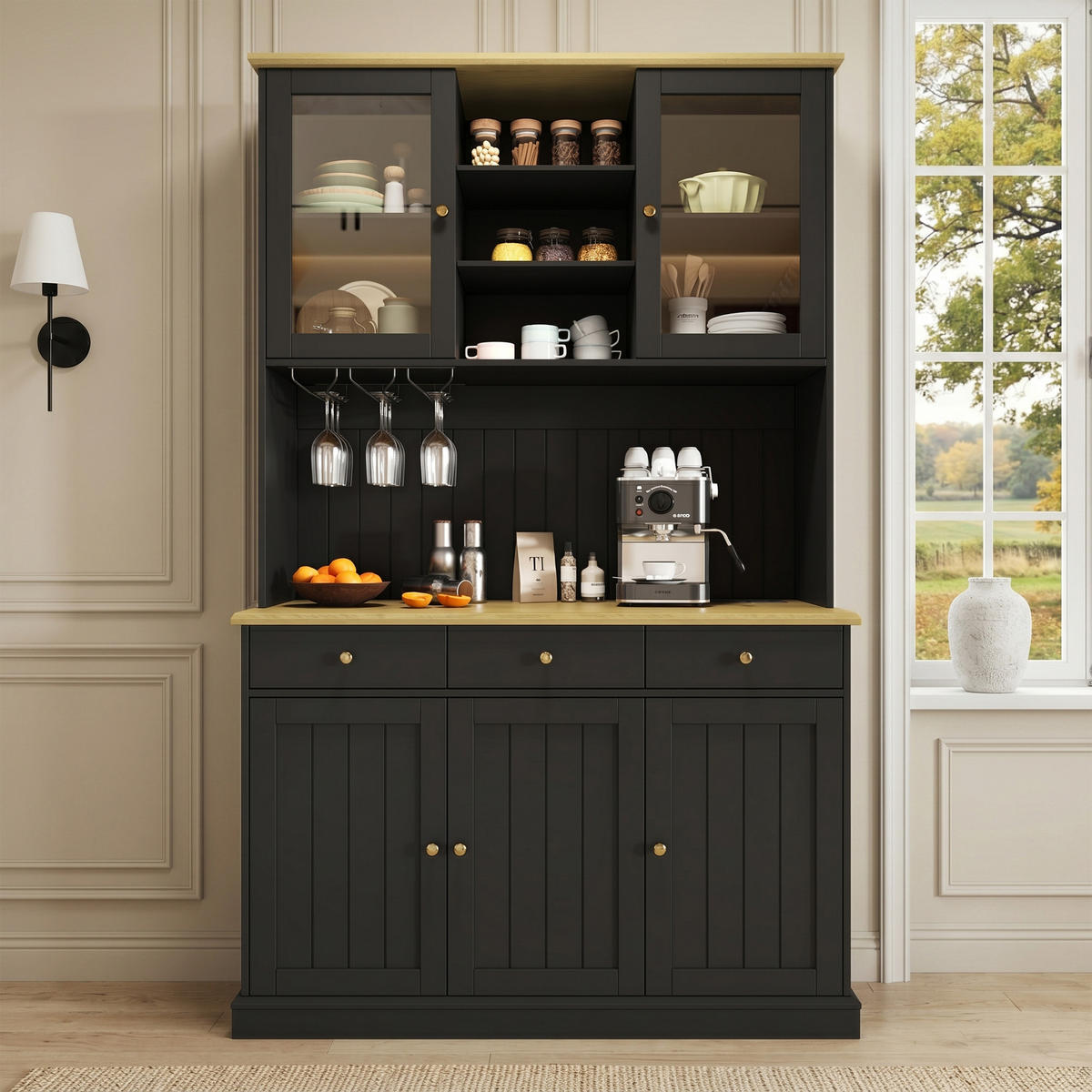 BUFFETSCHRANK 120x40x191 cm, Glastüren, Gläserhalter, 2 Steckdosen, USB-A/USB-C-Anschlüsse, Schwarz - Schwarz, Holzwerkstoff (120/191/40cm) - FOHERE