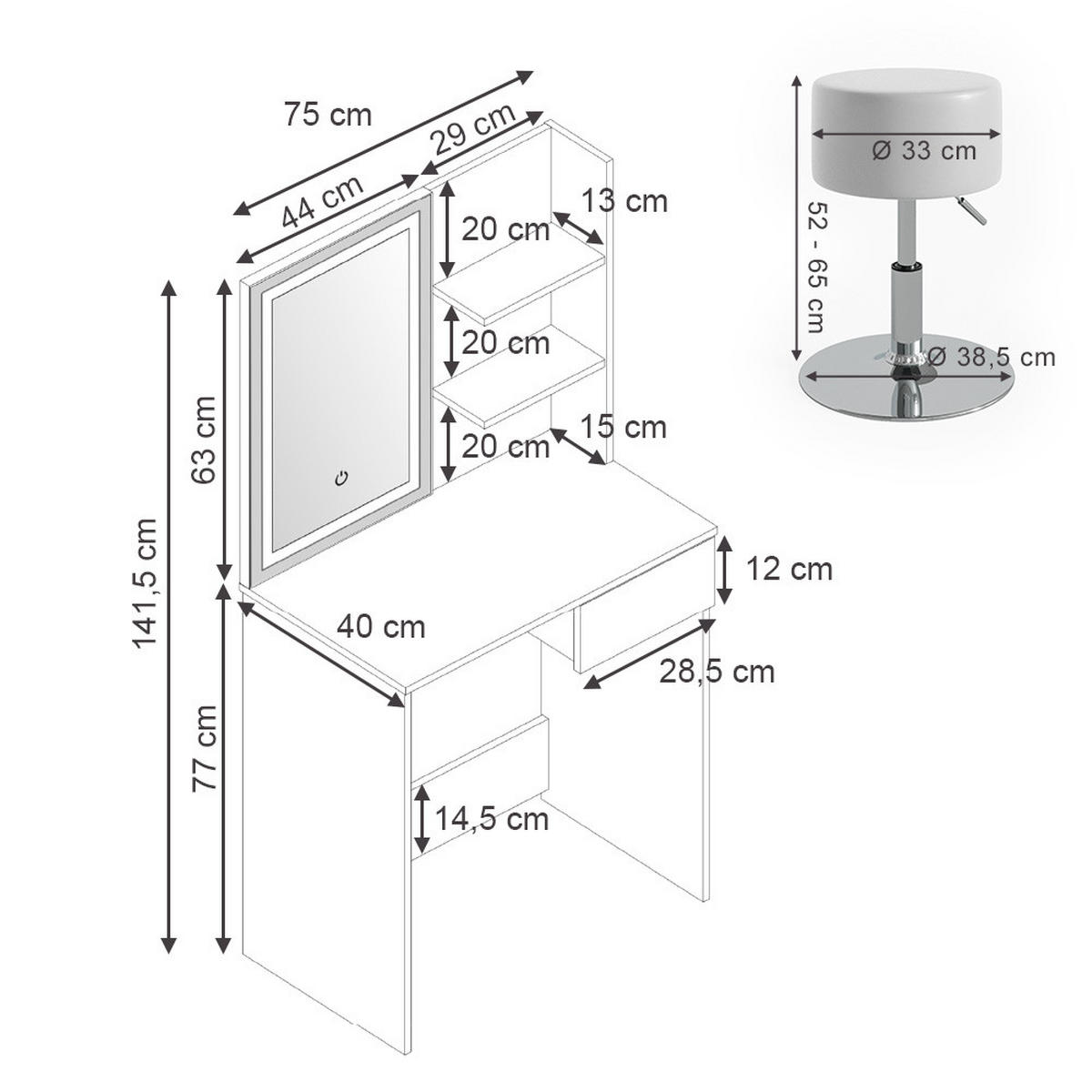 SCHMINKTISCH Dekos Weiß 75 cm mit LED-Spiegel und Hocker - Weiß, Holzwerkstoff (75/141/40cm) - Vicco