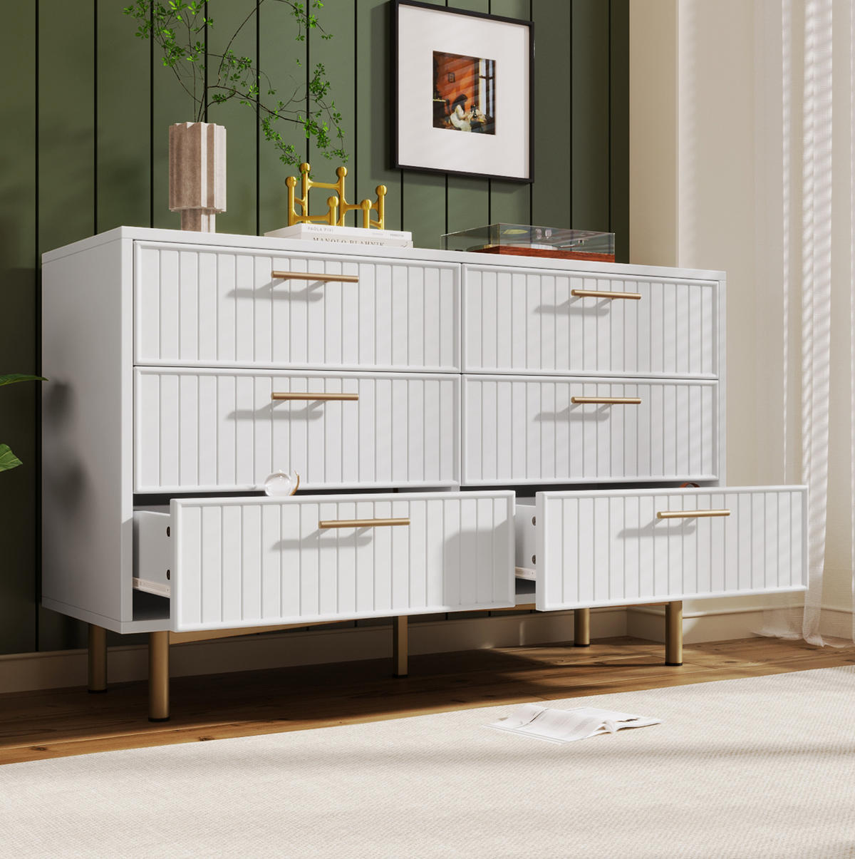SCHUBLADENKOMMODE 120/40/75 cm mit 6 Schubladen und goldfarbenen Griffen - Weiß, Holzwerkstoff (120/40/75cm) - BEAOK