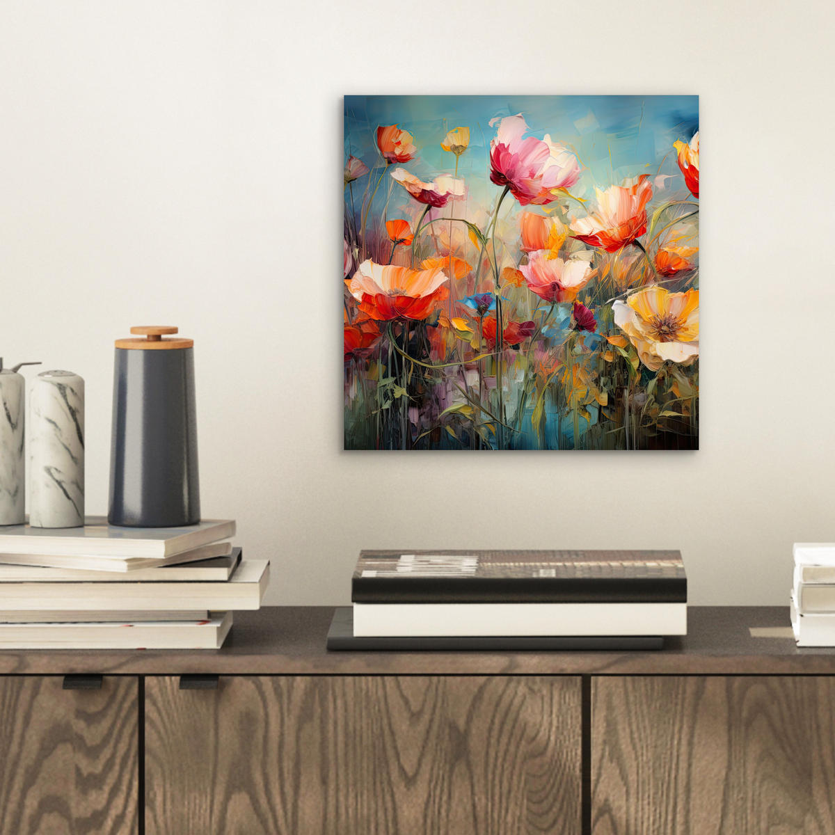 METALLBILD Blumen - Aquarell - Kunst - Botanisch - Natur 20x20 cm - Orange, Metall (20/20cm) - MuchoWow