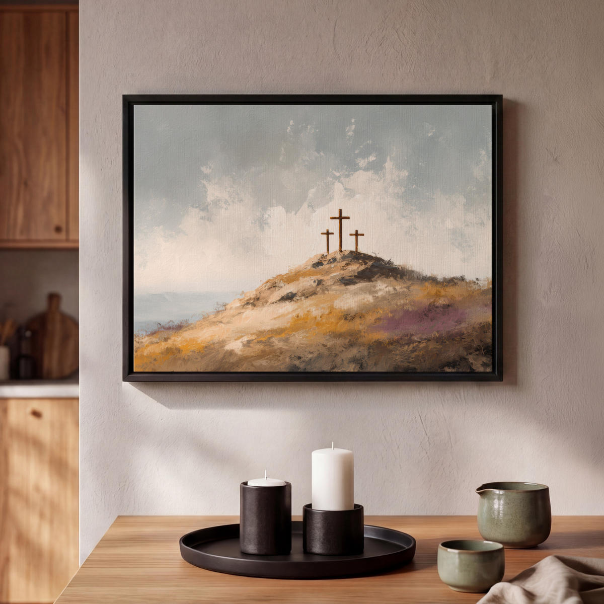 LEINWAND Bilder mit Rahmen - Hügel - Abstrakt - Christentum - Kreuz - 40x30 - Hellgrau, Textil (40/30cm) - MuchoWow