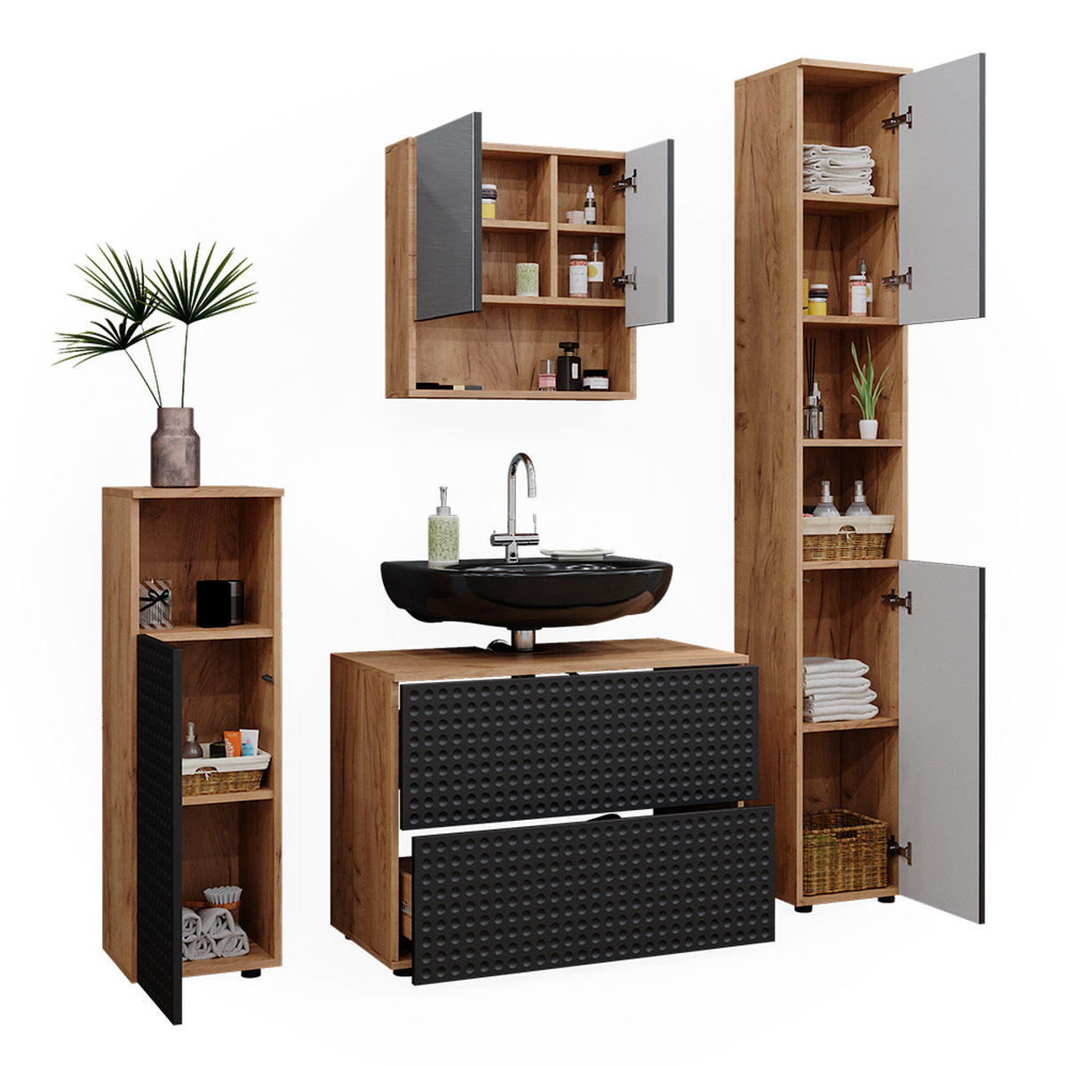 BADMÖBEL-SET Irma Anthrazit gepunktet 4 Teile - Honigeiche/Anthrazit, Holzwerkstoff (80/58/41cm) - Vicco
