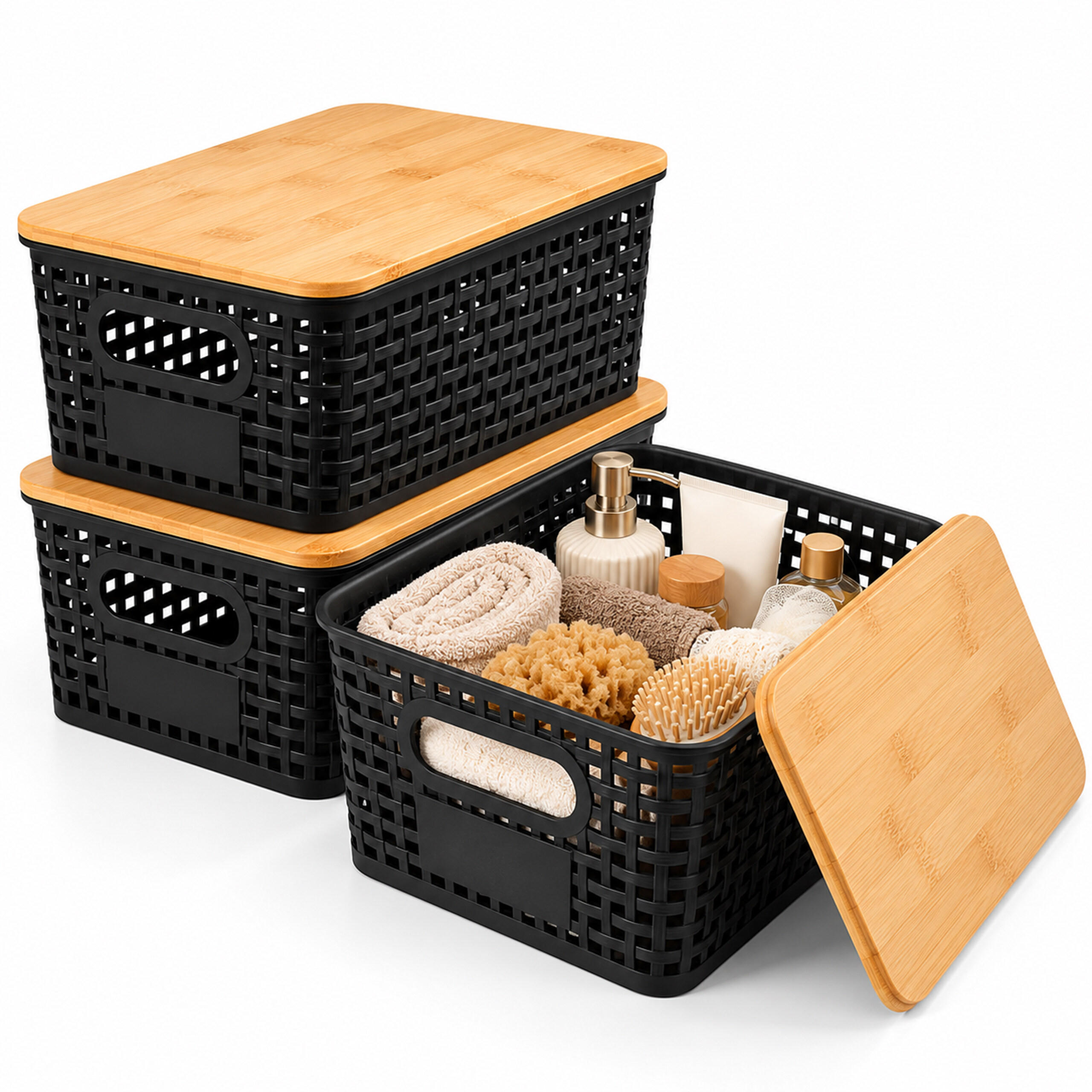AUFBEWAHRUNGSBOXEN Schwarz 3er-Set Bambusdeckel - Schwarz, Holz/Kunststoff (25.5/11/18.5cm) - Relaxdays
