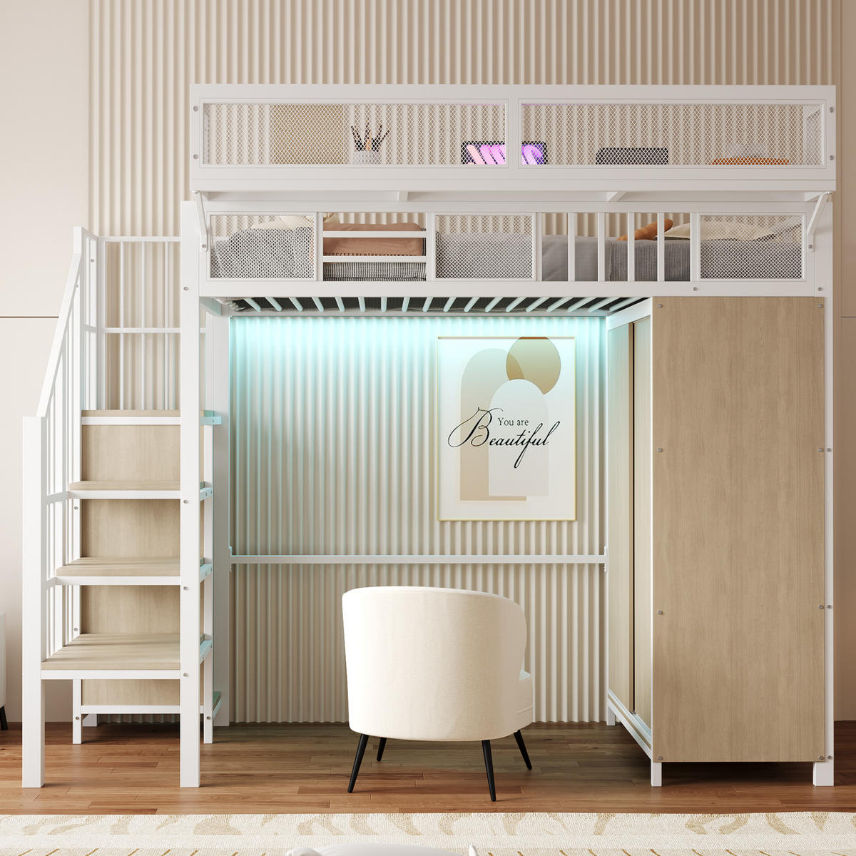 HOCHBETT 90/200 cm mit LED-Beleuchtung, Kleiderschrank und Aufbewahrungsleiter, Weiß - Weiß, Metall (90/200cm) - Redom