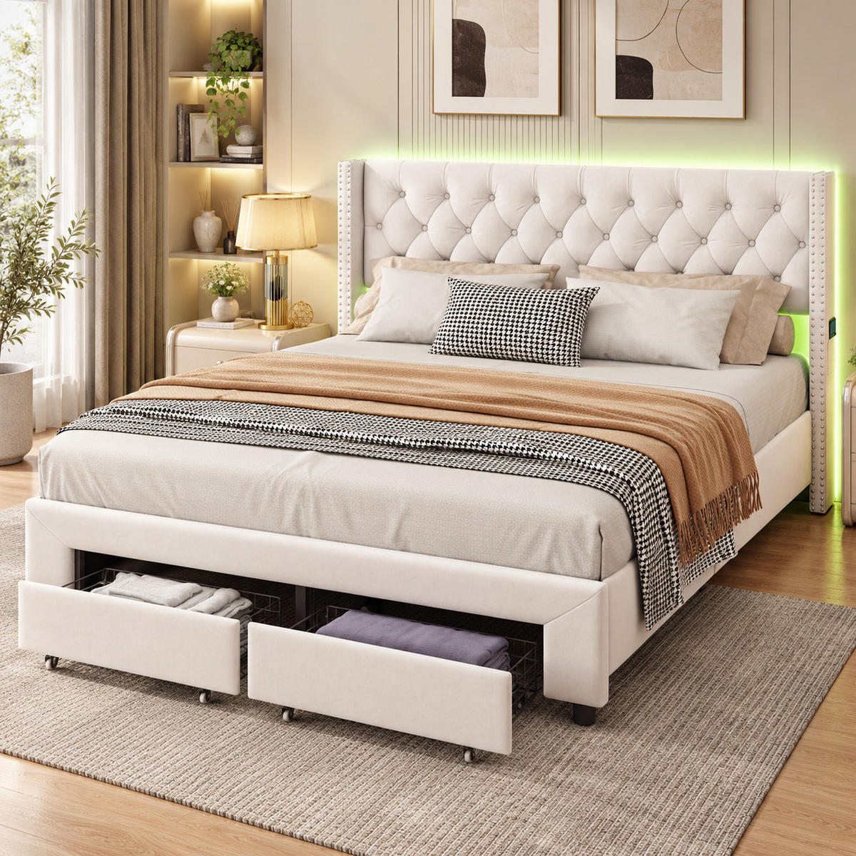 POLSTERBETT 180/200 cm mit LED-Beleuchtung, USB-Ladestation & 2 Aufbewahrungsschubladen, Chesterfield Knopfsteppung mit Nietenbesatz - Beige, Holz/Metall (180/200cm) - Joyfair