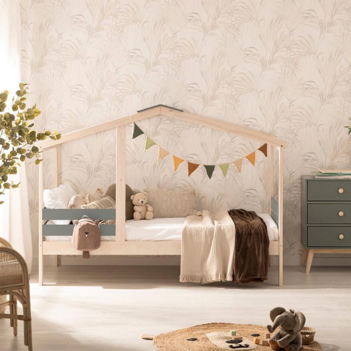 KINDERBETT Lior Natürlich 197 cm x 147 cm - Blaugrau/Naturfarben, Holzwerkstoff