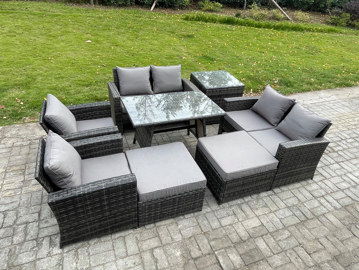 GARTENMÖBELSET mit ESSTISCH,HOCHLEHNER-SOFA Polyrattan Dunkelgrauer Mix 8-Sitzer - Dunkelgrau/Grau, Glas/Kunststoff - Fimous