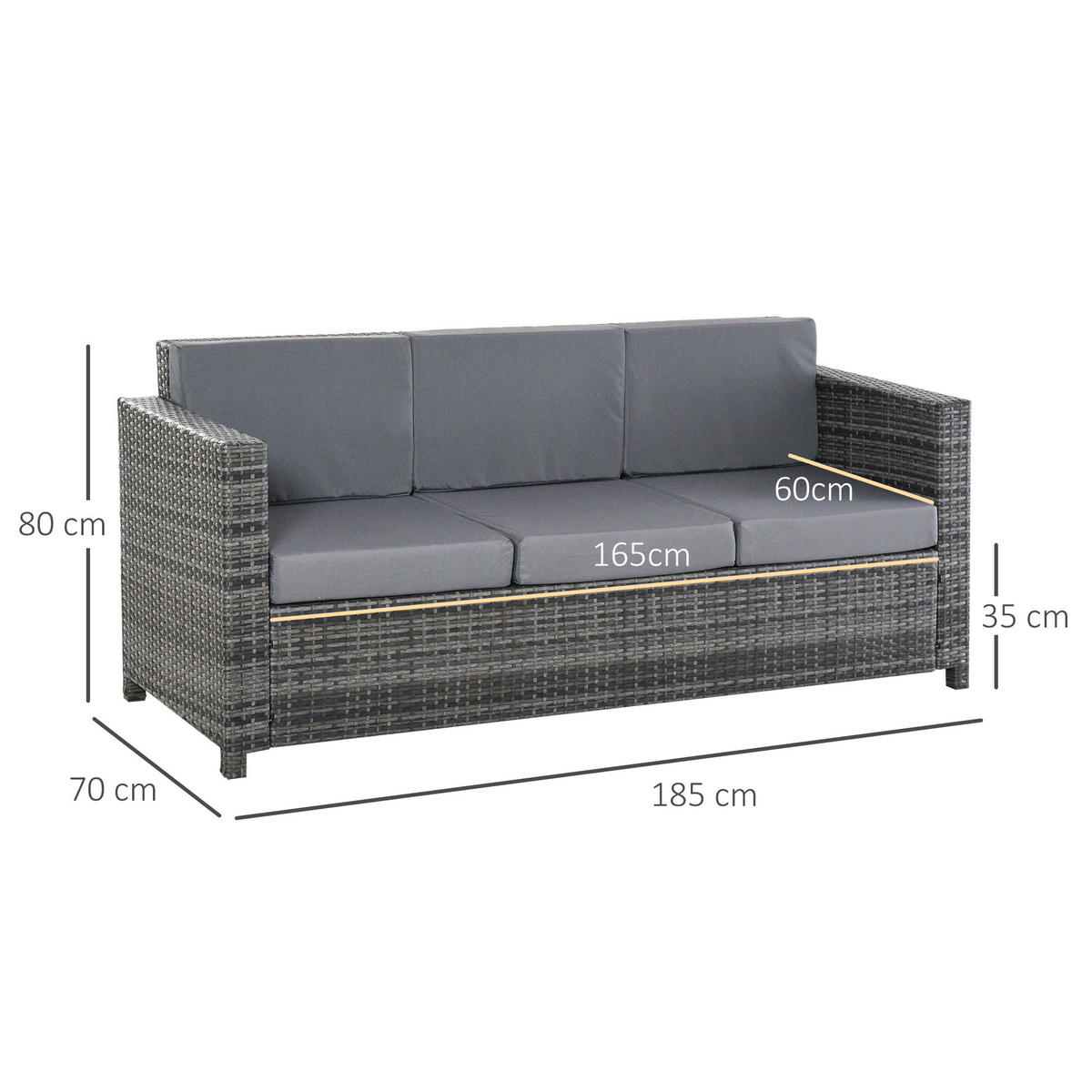 POLY-RATTAN Sofa, Metall, Grau - Grau, Metall (70/80/185cm) - Outsunny