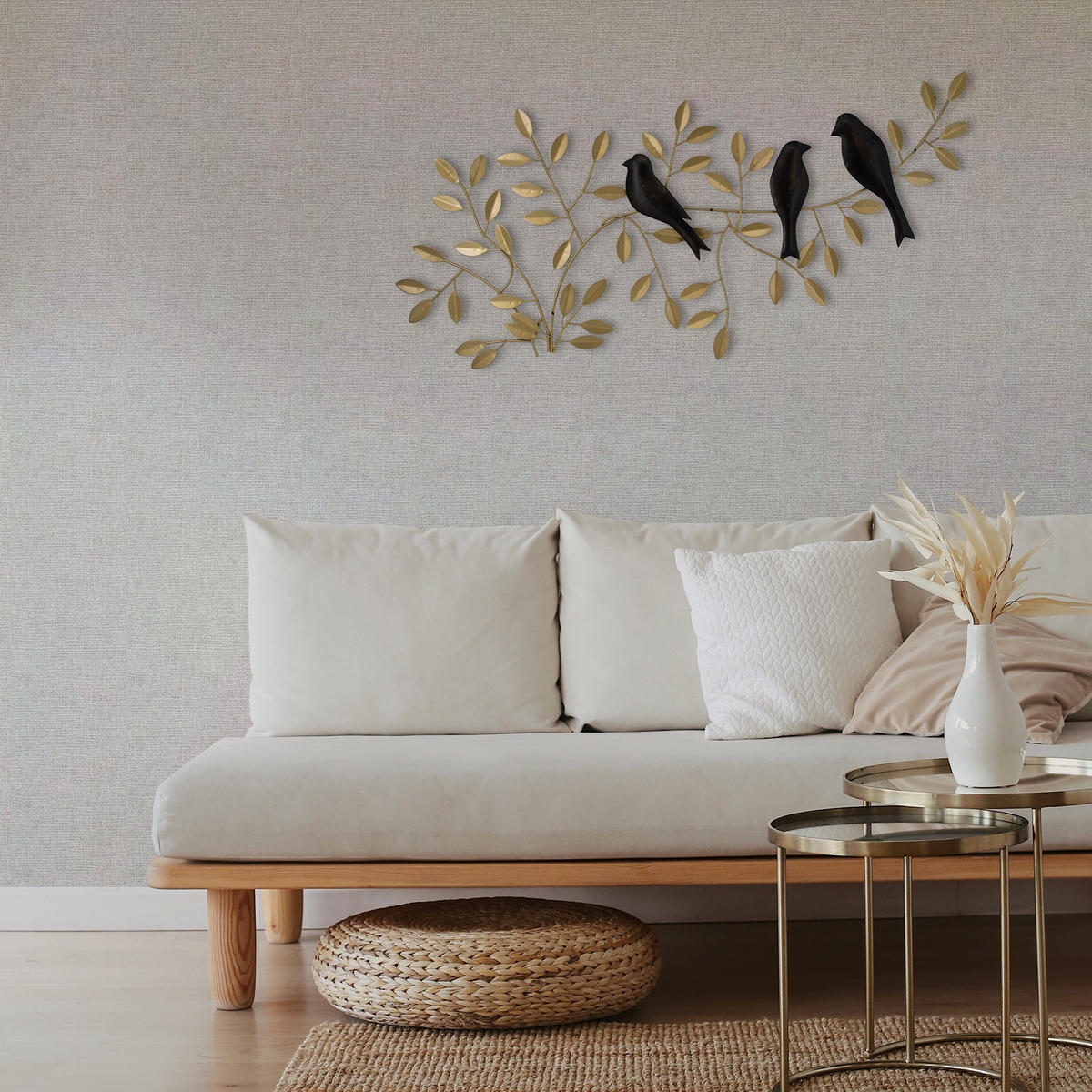 METALLKUNST Birds on an Branch - Goldfarben/Schwarz, Metall (78/1/38cm) - Art for the Home