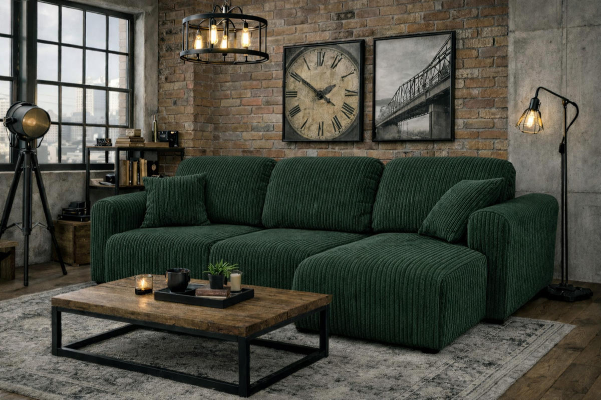 ECKSOFA Mit Schlaffunktion Und Bettkasten, Sofa L-Form Bingo L, Cordstoff Poso, Grün, Rechts - Grün, Holz (250/142cm) - Kaiser Möbel