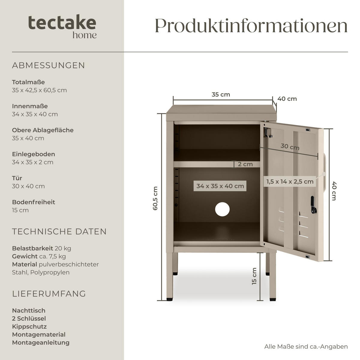 NACHTSCHRANK Baker, Kippschutz, höhenverstellbare Füße, taupe - Taupe, Metall (35/60.5/42.5cm) - tectake