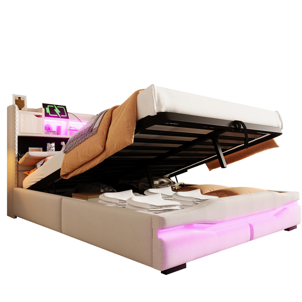 POLSTERBETT 140/200 cm Beige mit Stauraum, LED-Beleuchtung und USB- und Type-C-Anschlüssen - Beige, Textil (140/200cm) - Flora Grace