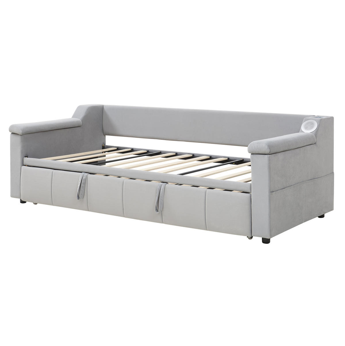 POLSTERBETT 90/190 cm mit hydraulischem Auszug, Bluetooth-Stereo, USB und Ablagefächern, Grau - Grau, Textil (90/190cm) - Redom