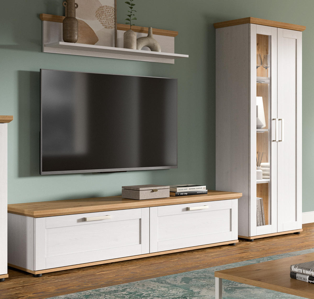 WOHNWAND 3-teilig weiß Lärche, Eiche Artisan 240 cm Landhaus, Schrankwand mit viel Stauraum - Silberfarben/Schwarz, Holzwerkstoff/Kunststoff (240/161/40cm) - Inn.Furn