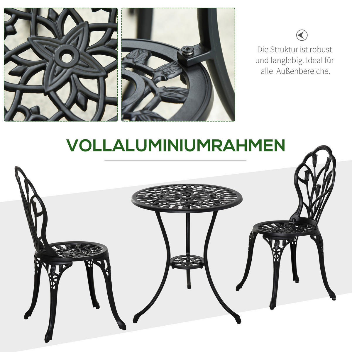 BISTROSET Ø60/67 cm mit 2 Klappstühlen, Schirmloch und verstellbaren Fußpads, Schwarz - Schwarz, Metall - Redom