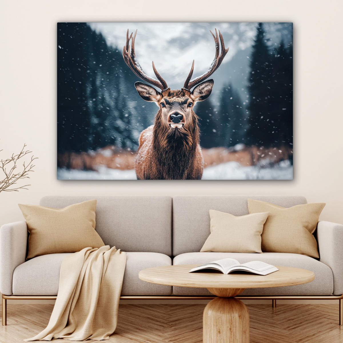 LEINWANDBILD Hirsche - Tiere - Landschaft - Winter - Schnee XXL 150x100 cm - Kastanienfarben, Textil (150/100cm) - MuchoWow