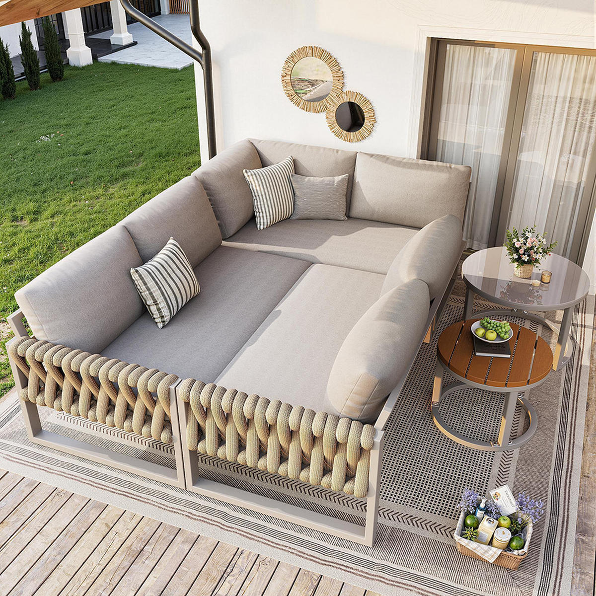 GARTENMÖBELSET für 5-6 Personen in Beige, inklusive aller Sitz- und Rückenkissen - Beige, Metall - KOMHTOM