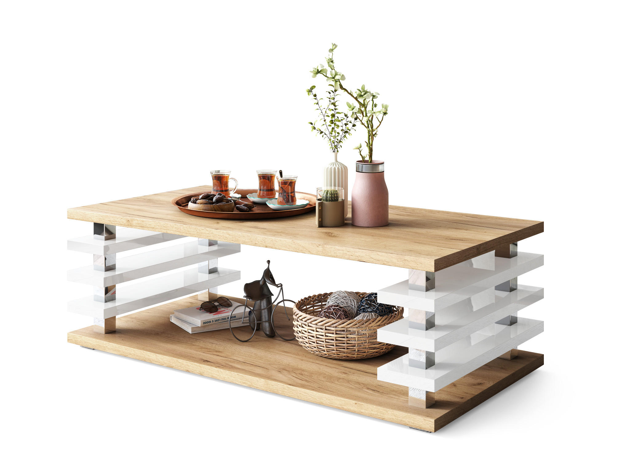 designimpex Couchtisch Eiche, Weiß Hochglanz 120x40x60 cm